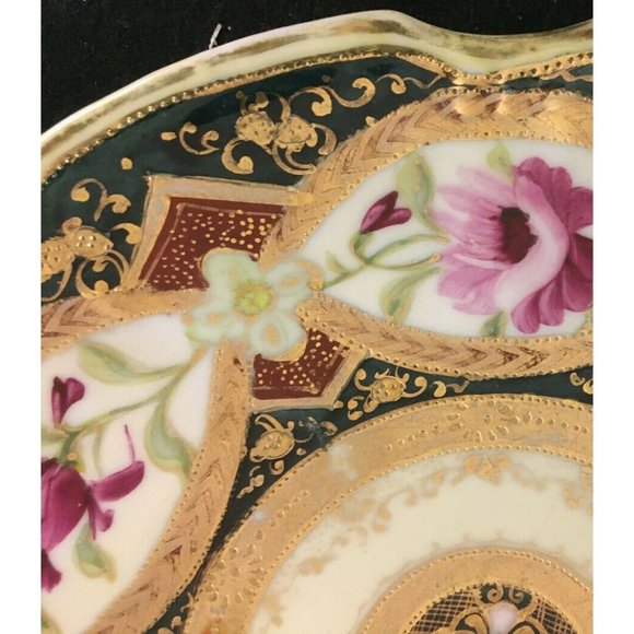 9½" Royal Kinran Nippon Platter with Handles with Pink and Magenta Flowers - Picture 2 of 7